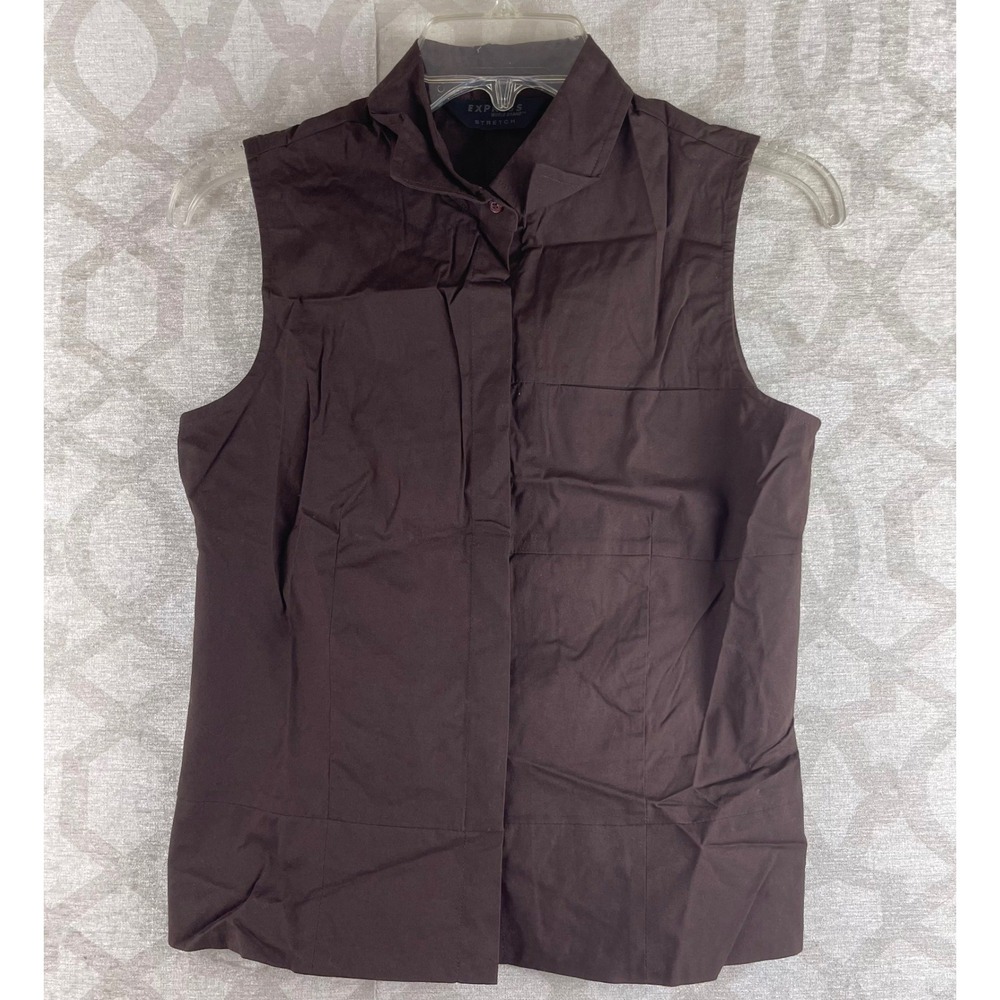 Express World Brand Women 3/4 Brown Sleeveless Stretch Cotton Button Down Blouse